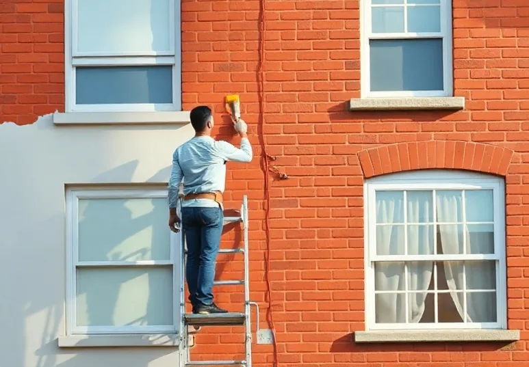 Peintre sur échafaudage traitant la façade d'une maison